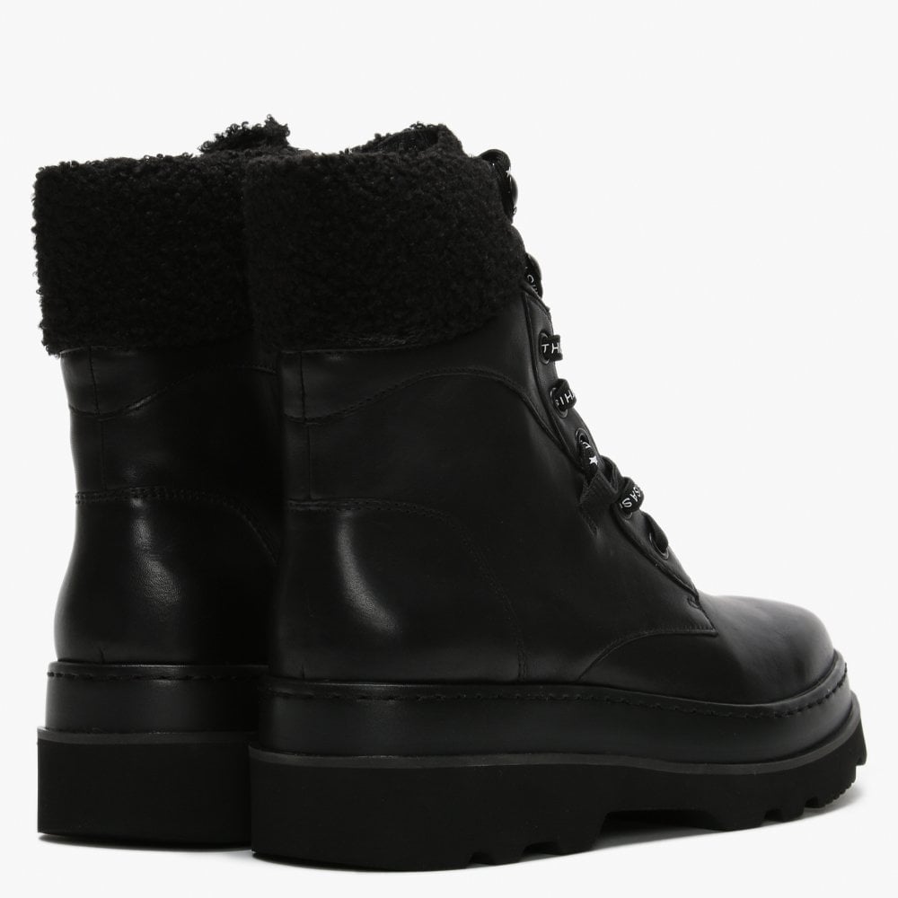 Siberia Black Leather Curly Cuff Chunky Ankle Boots