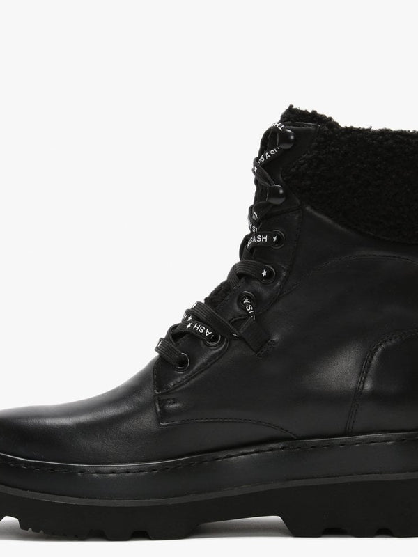 Siberia Black Leather Curly Cuff Chunky Ankle Boots