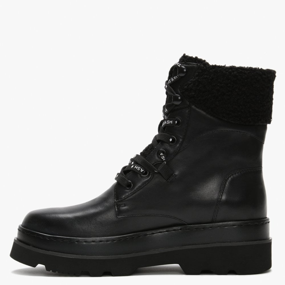 Siberia Black Leather Curly Cuff Chunky Ankle Boots