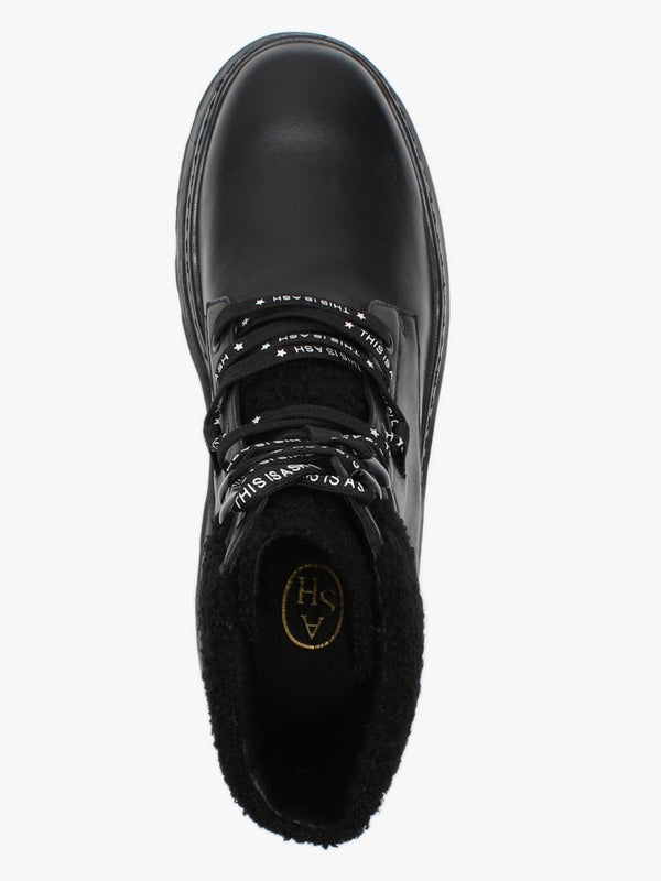 Siberia Black Leather Curly Cuff Chunky Ankle Boots