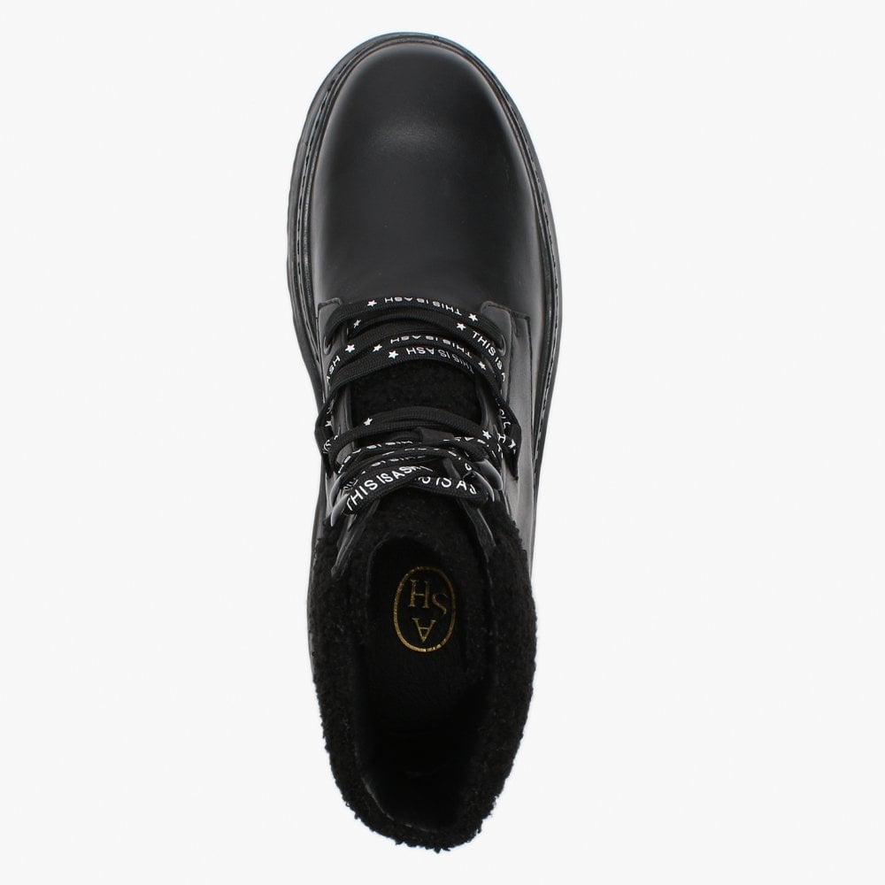 Siberia Black Leather Curly Cuff Chunky Ankle Boots