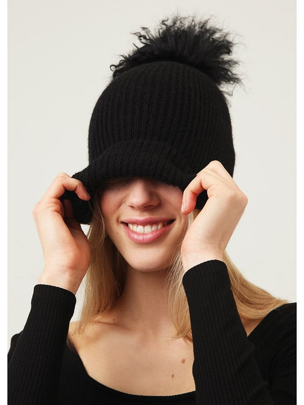 Bonnie Black Cashmere Pom Pom Beanie Hat