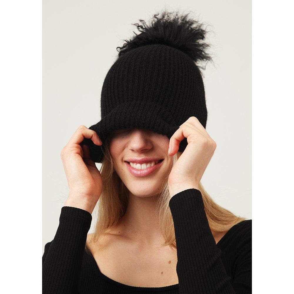 Bonnie Black Cashmere Pom Pom Beanie Hat