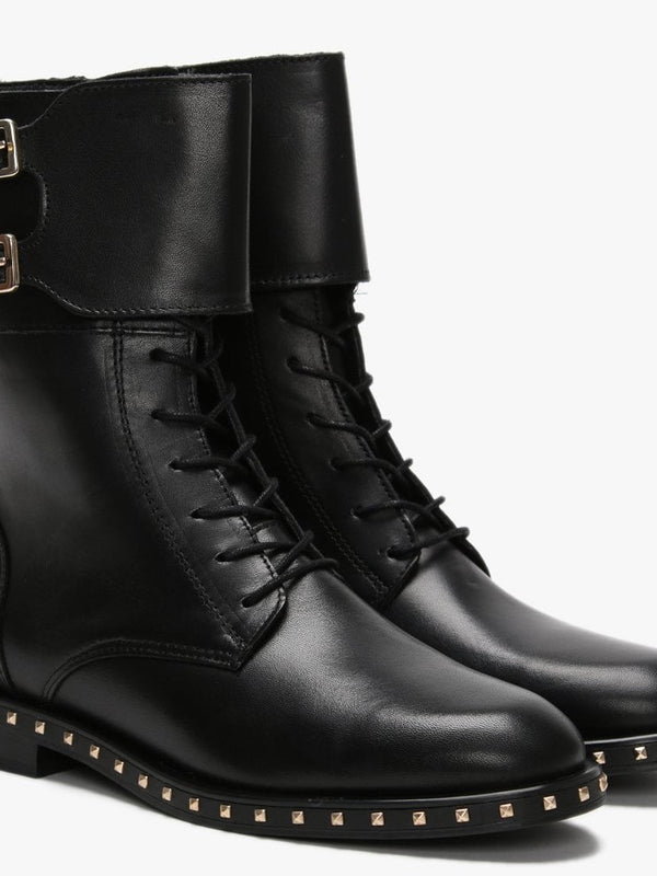 Monterrey Black Leather Studded Ankle Strap Biker Boots