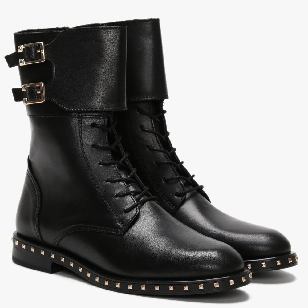 Monterrey Black Leather Studded Ankle Strap Biker Boots