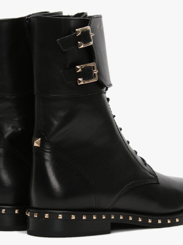 Monterrey Black Leather Studded Ankle Strap Biker Boots