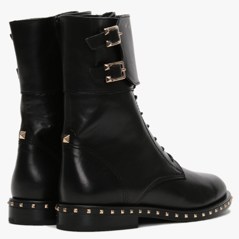 Monterrey Black Leather Studded Ankle Strap Biker Boots