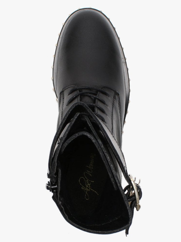 Monterrey Black Leather Studded Ankle Strap Biker Boots
