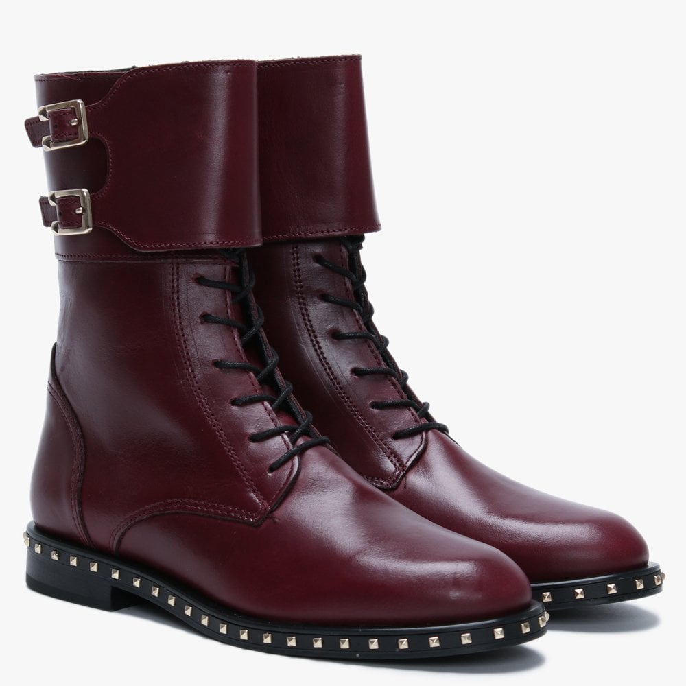 Monterrey Burgundy Leather Studded Ankle Strap Biker Boots