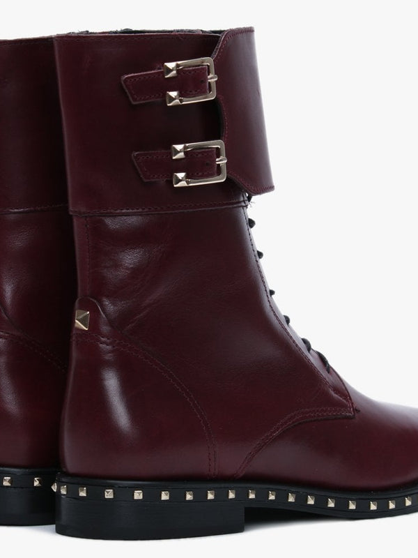 Monterrey Burgundy Leather Studded Ankle Strap Biker Boots