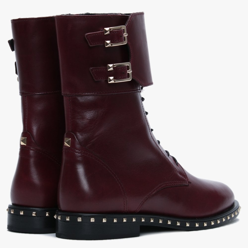 Monterrey Burgundy Leather Studded Ankle Strap Biker Boots
