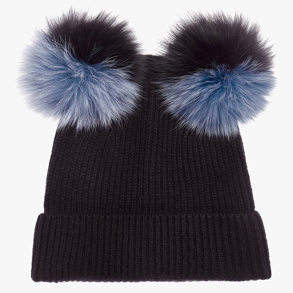 Teddy Blue & Black Cashmere Double Pom Pom Beanie Hat