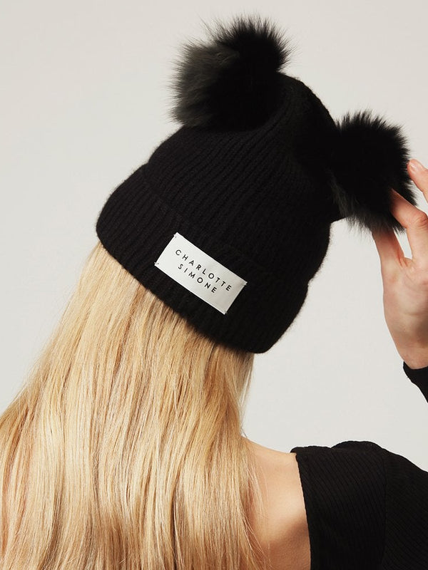 Teddy Khaki & Black Cashmere Double Pom Pom Beanie Hat