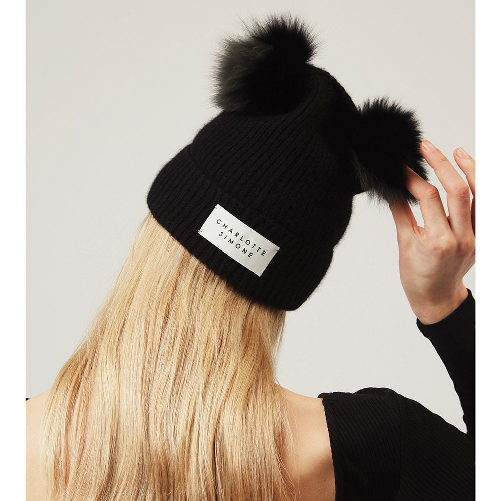 Teddy Khaki & Black Cashmere Double Pom Pom Beanie Hat
