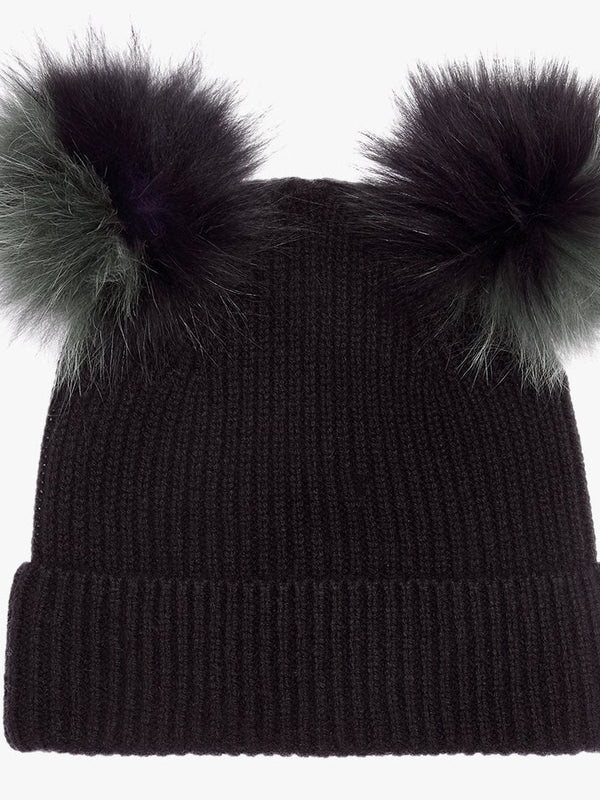 Teddy Khaki & Black Cashmere Double Pom Pom Beanie Hat