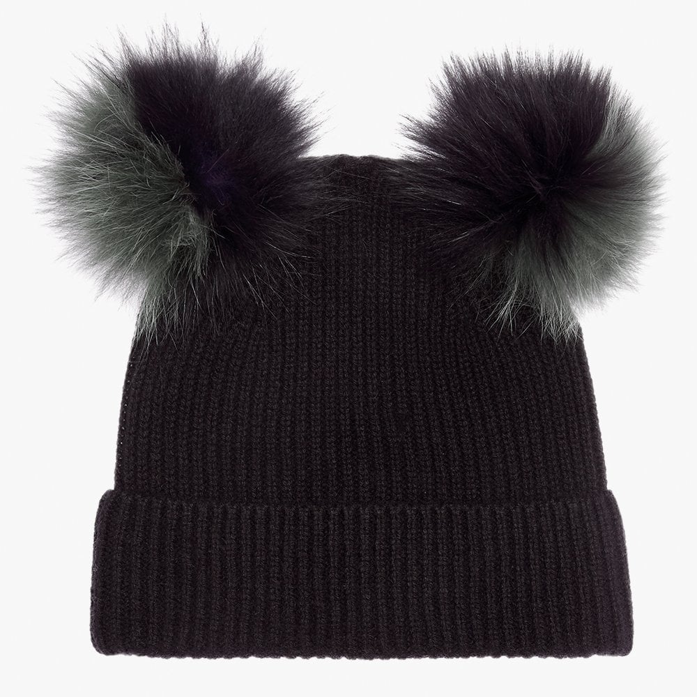 Teddy Khaki & Black Cashmere Double Pom Pom Beanie Hat