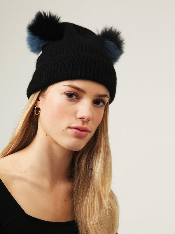 Teddy Blue & Black Cashmere Double Pom Pom Beanie Hat