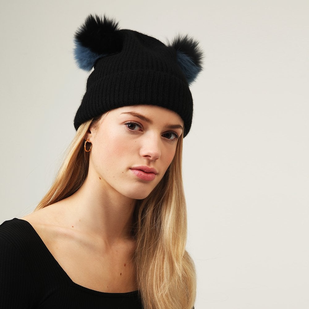 Teddy Blue & Black Cashmere Double Pom Pom Beanie Hat