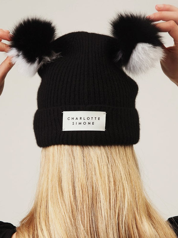 Teddy White & Black Cashmere Double Pom Pom Beanie Hat