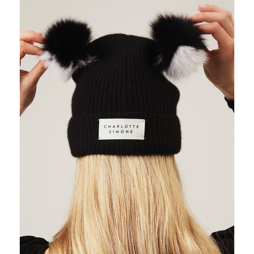 Teddy White & Black Cashmere Double Pom Pom Beanie Hat