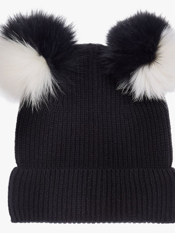 Teddy White & Black Cashmere Double Pom Pom Beanie Hat