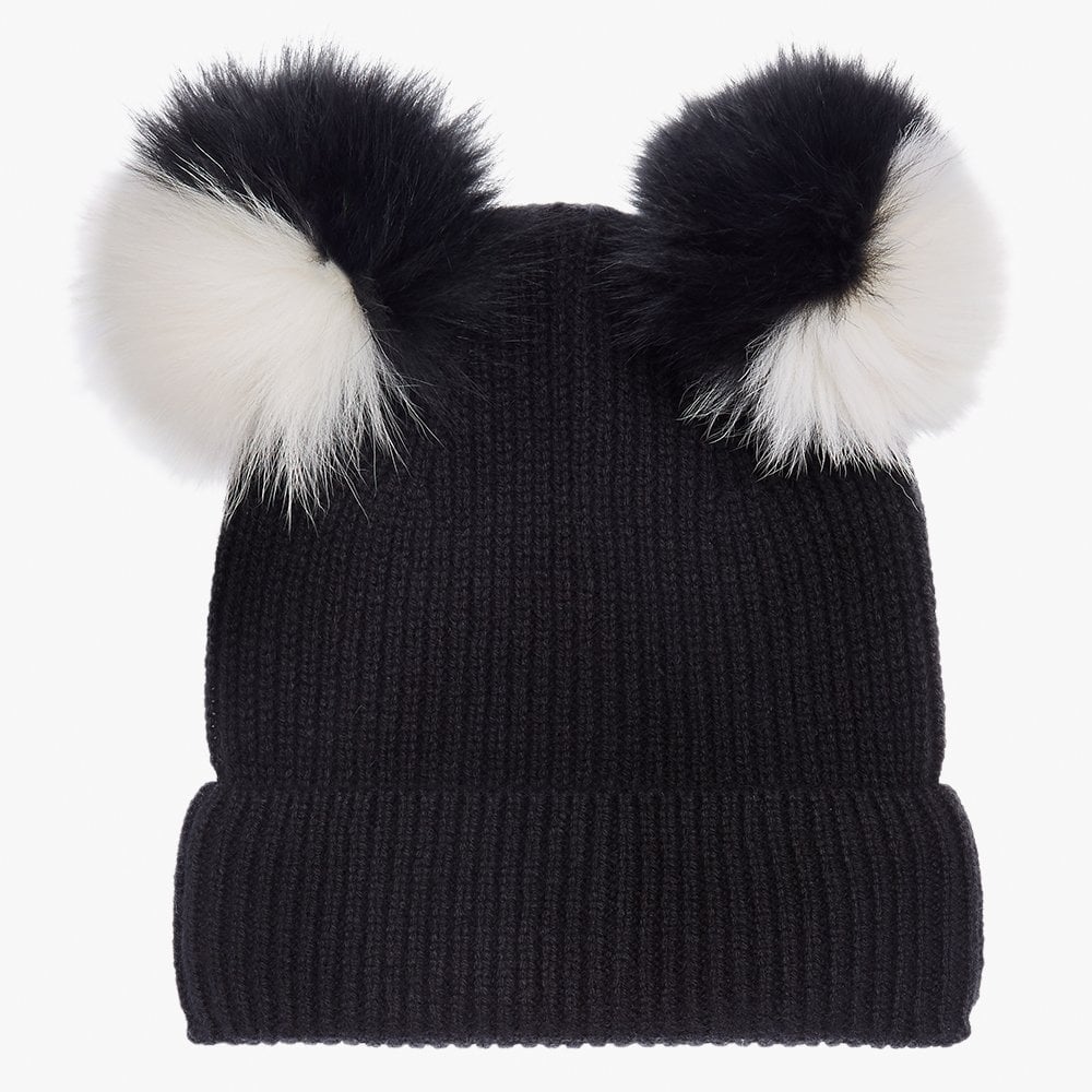 Teddy White & Black Cashmere Double Pom Pom Beanie Hat