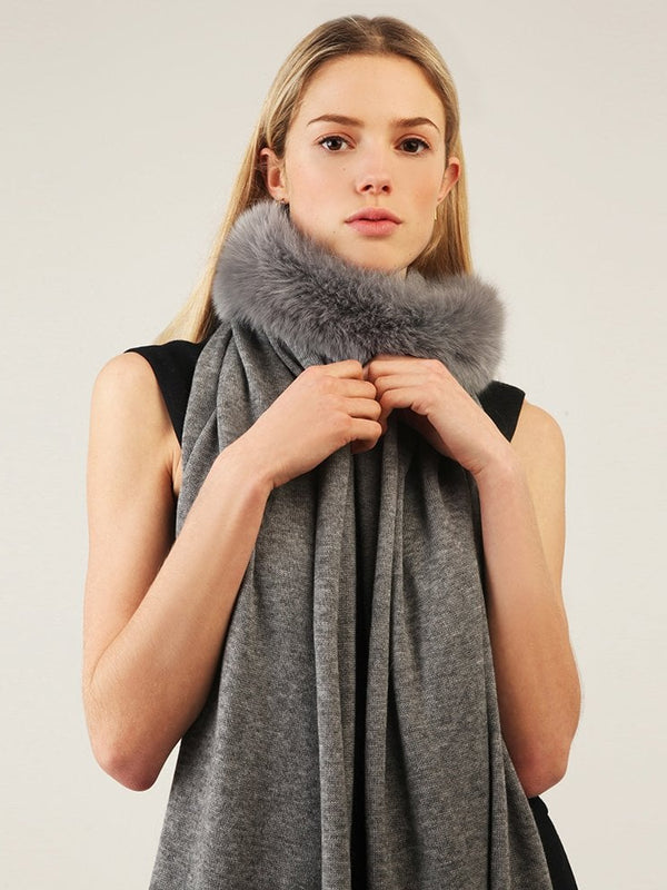 Samantha Heather Grey Wool Fur Trim Scarf