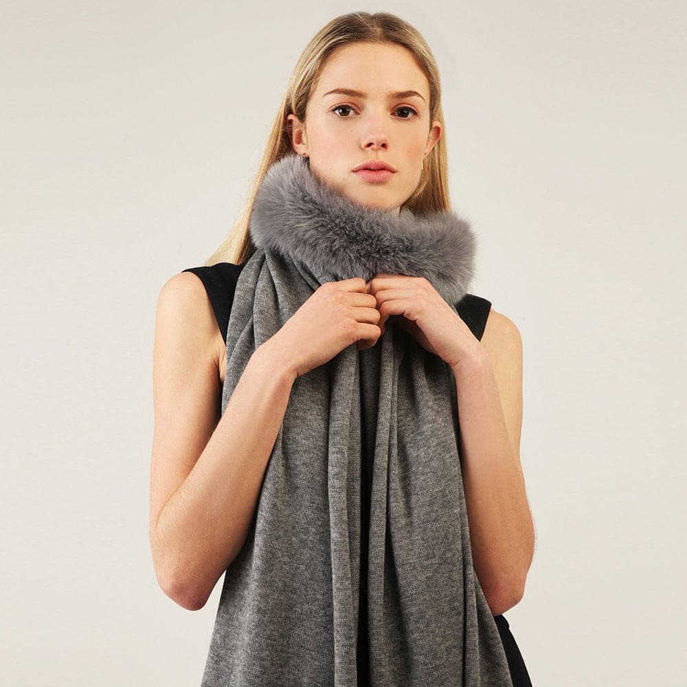 Samantha Heather Grey Wool Fur Trim Scarf