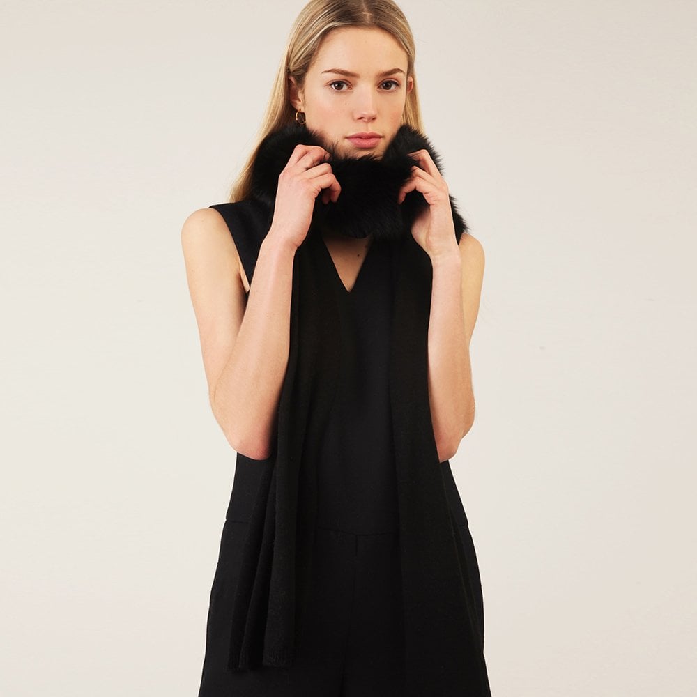 Samantha Black Wool Fur Trim Scarf