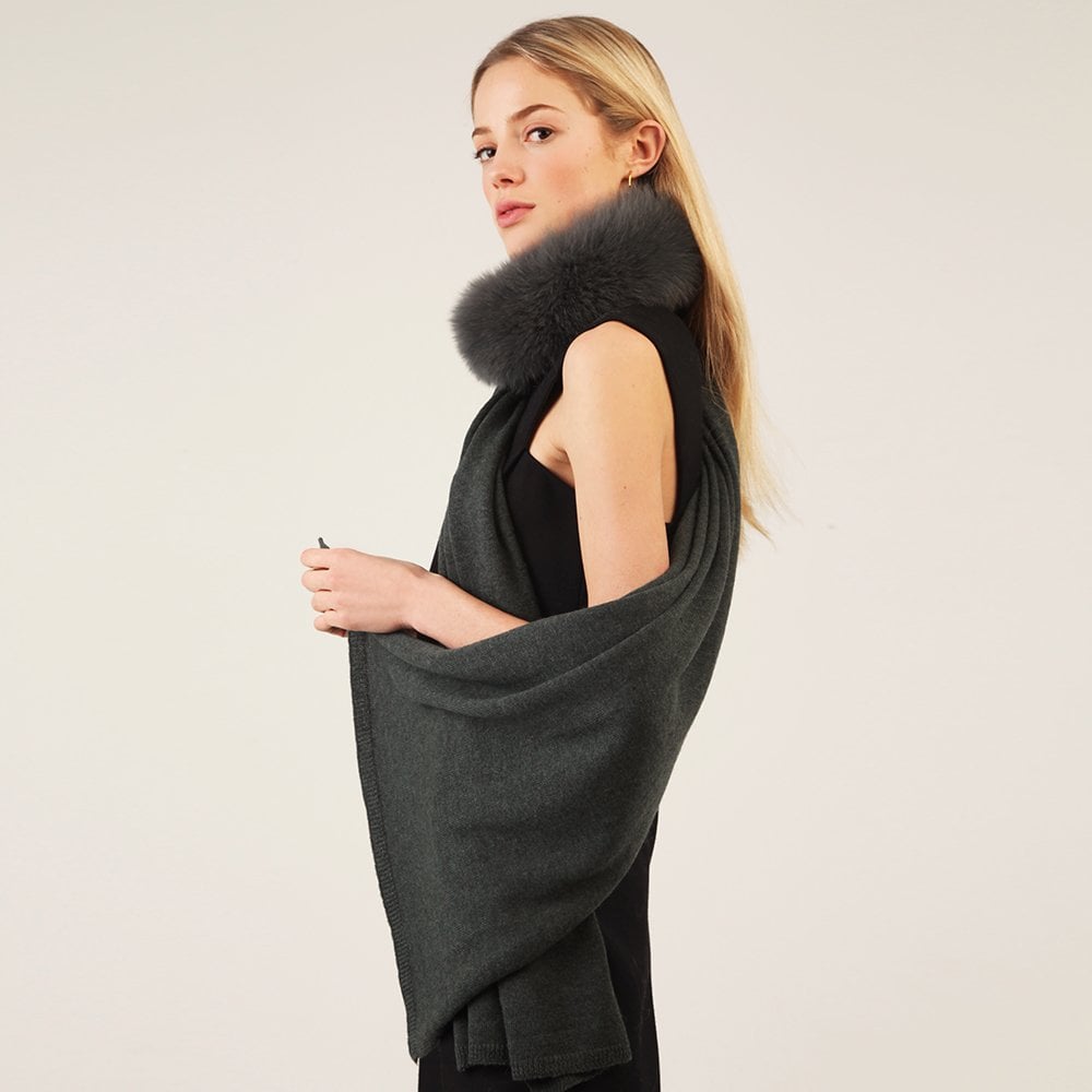 Samantha Sage Green Wool Fur Trim Scarf
