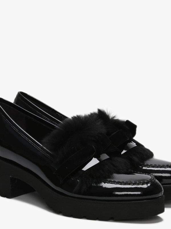 Aroma Black Patent Leather Fur Trim Loafers