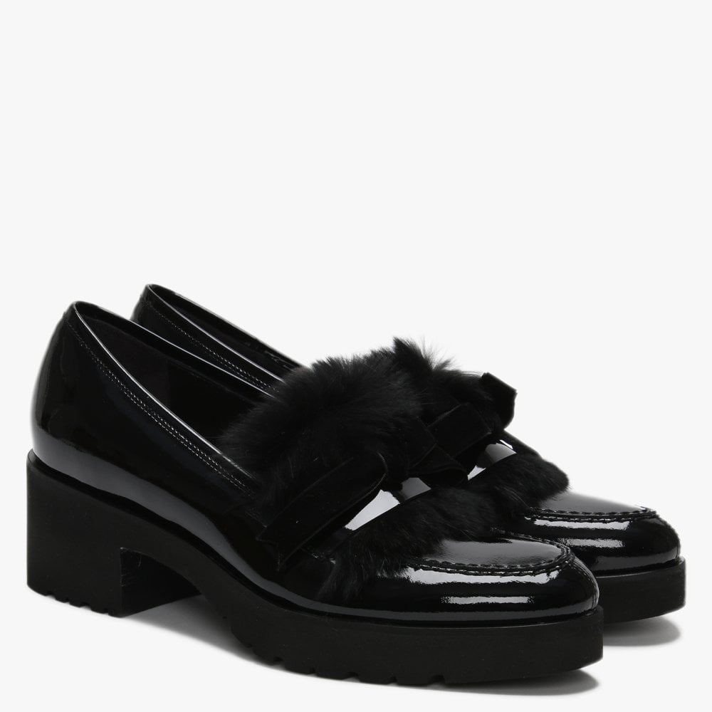 Aroma Black Patent Leather Fur Trim Loafers