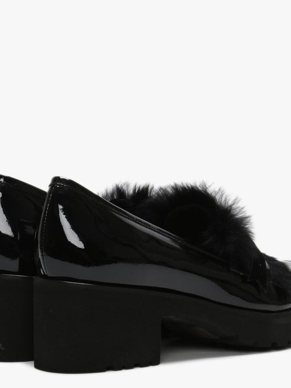Aroma Black Patent Leather Fur Trim Loafers