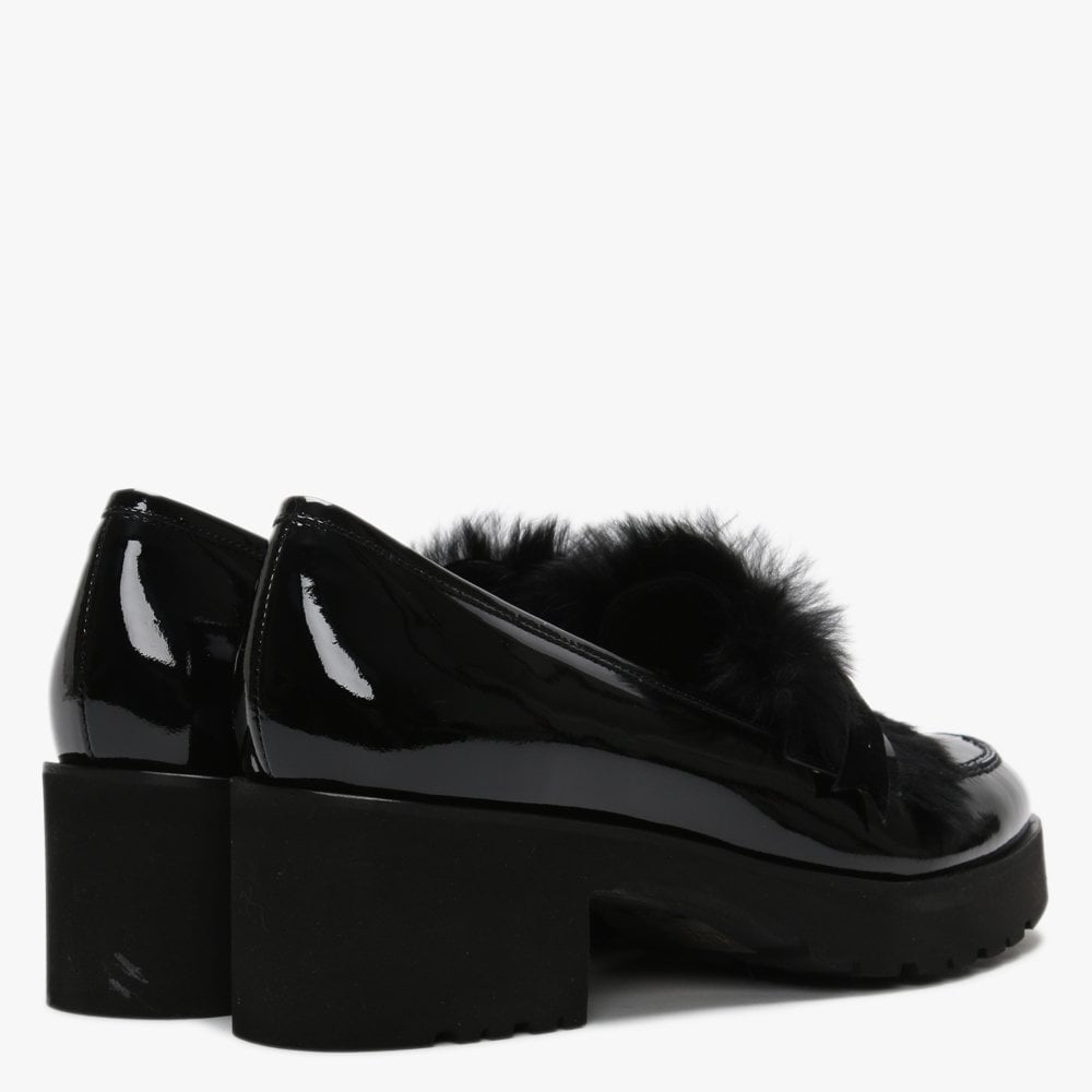 Aroma Black Patent Leather Fur Trim Loafers