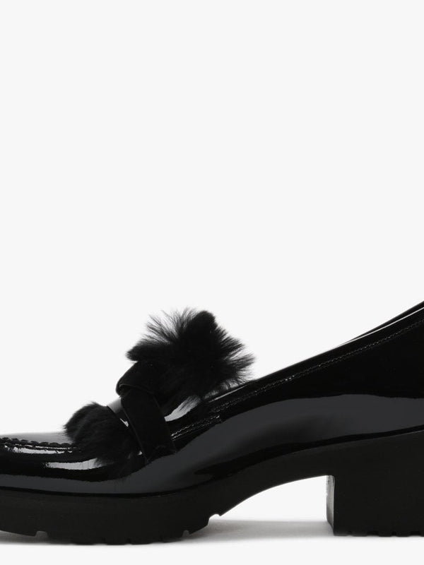Aroma Black Patent Leather Fur Trim Loafers