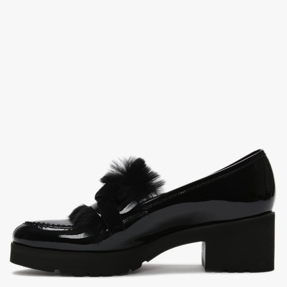 Aroma Black Patent Leather Fur Trim Loafers