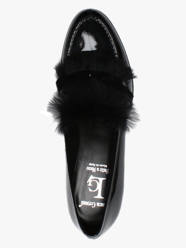 Aroma Black Patent Leather Fur Trim Loafers