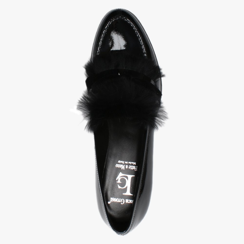 Aroma Black Patent Leather Fur Trim Loafers