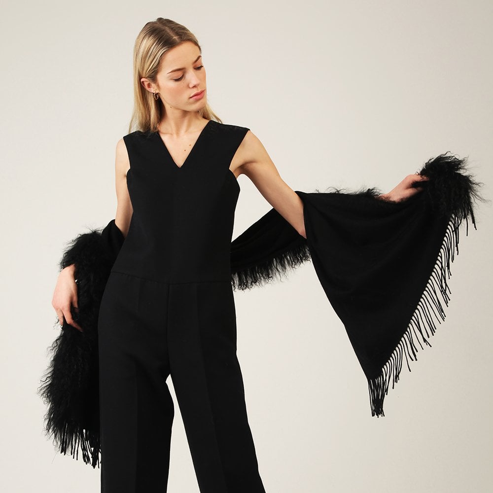Suzi Snug Black Wool Mongolian Trim Scarf