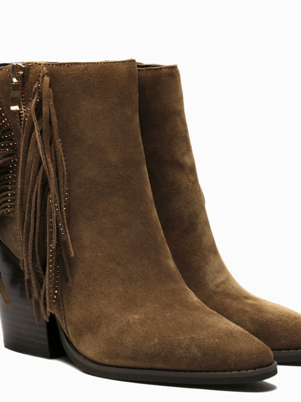 Asey Tan Suede Diamante Tassel Western Boots