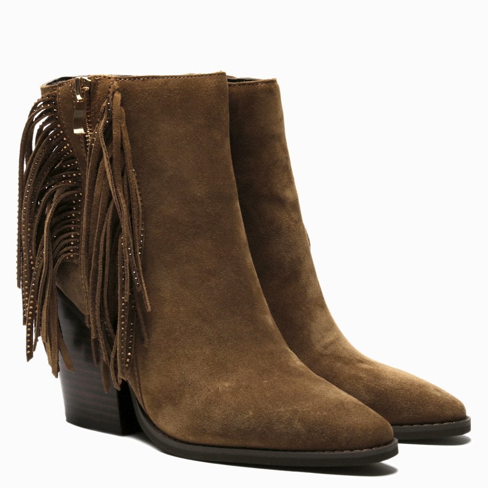 Asey Tan Suede Diamante Tassel Western Boots