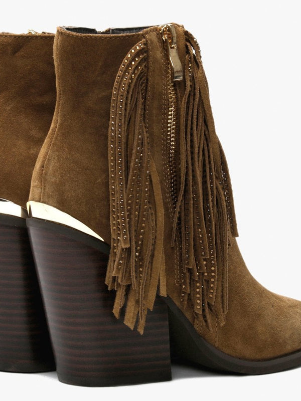 Asey Tan Suede Diamante Tassel Western Boots