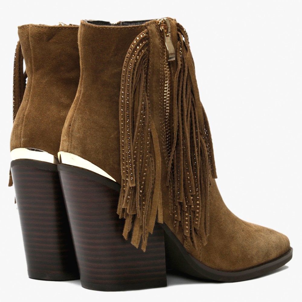 Asey Tan Suede Diamante Tassel Western Boots