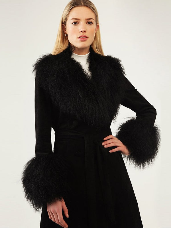 Penny Black Suedette Mongolian Trim 70’s Long Line Jacket