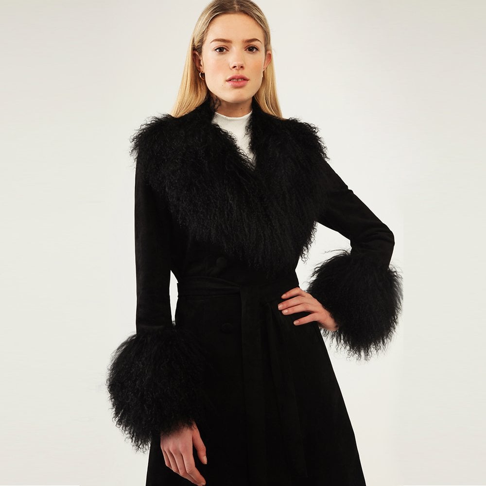 Penny Black Suedette Mongolian Trim 70’s Long Line Jacket