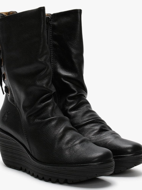 Yada Black Leather Tie Back Wedge Calf Boots