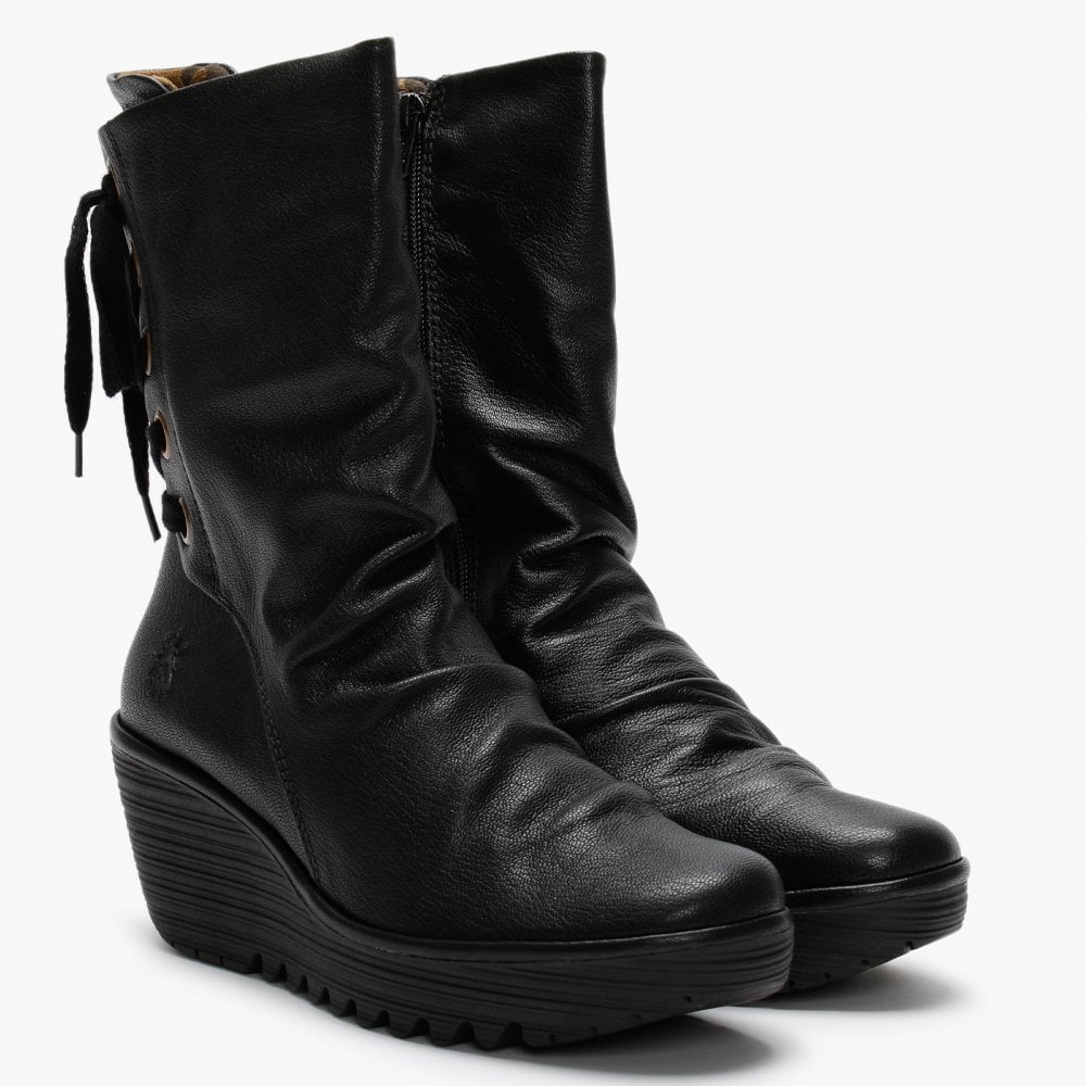 Yada Black Leather Tie Back Wedge Calf Boots