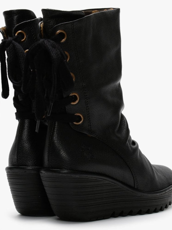 Yada Black Leather Tie Back Wedge Calf Boots