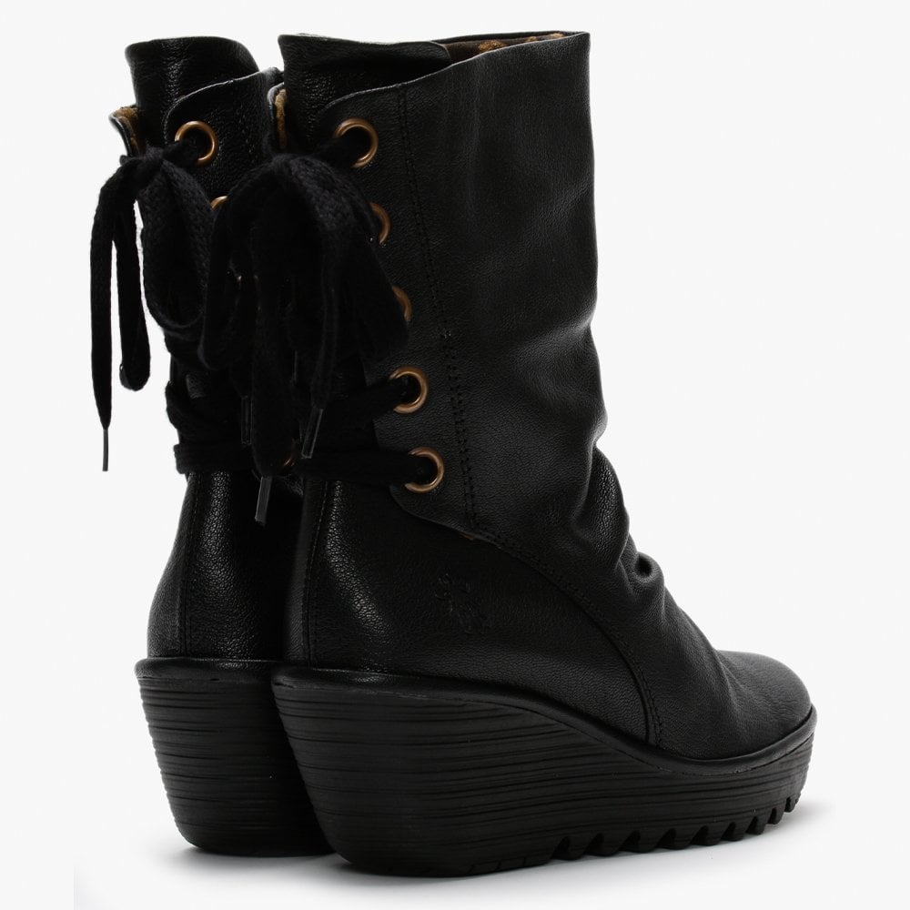 Yada Black Leather Tie Back Wedge Calf Boots