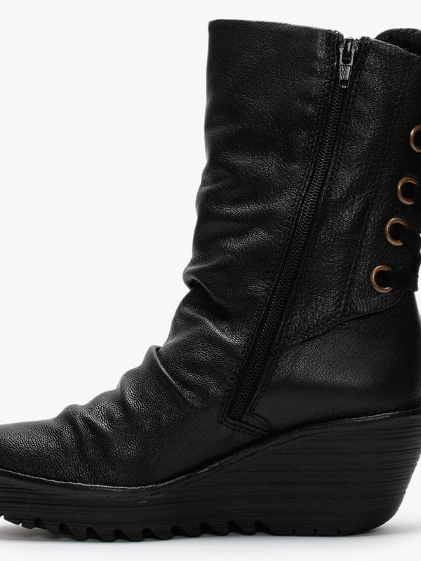 Yada Black Leather Tie Back Wedge Calf Boots